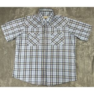 Bit Bridle Pearl Snap Western 2XL Mens Shirt Blue Plaid Cowboy Short Sleeve